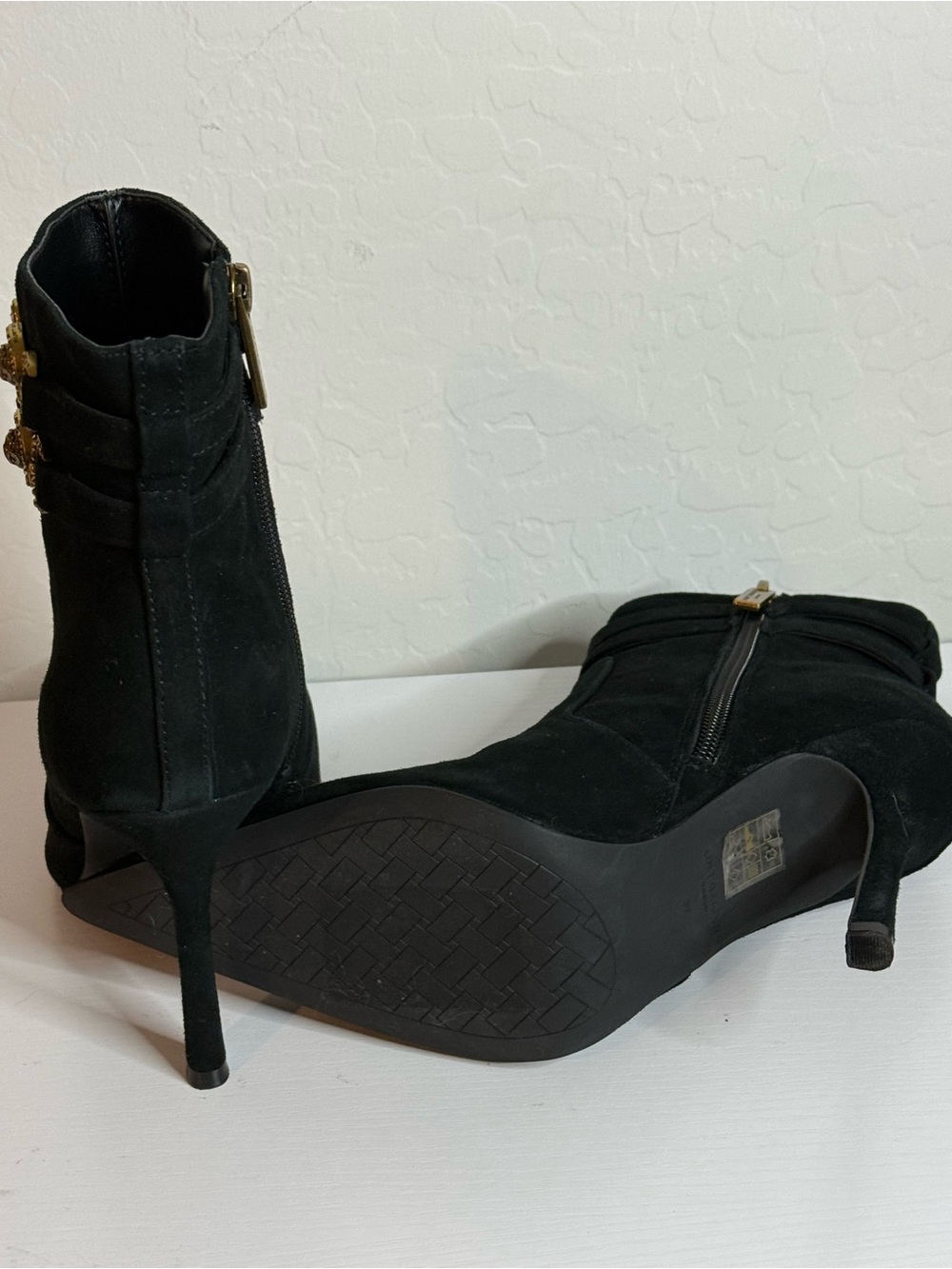 Kurt Geiger Manson Black Suede Pointed Ankle Boots with Gold Medallion Straps - Picture 4 of 7